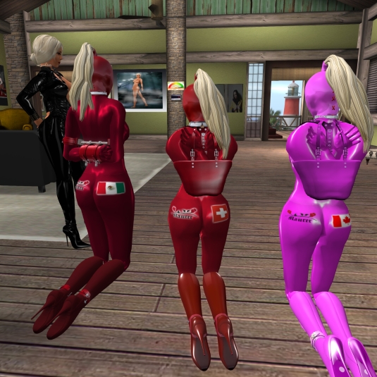 May 25th: slaves cecy, FLo and Adarra in their new designed catsuits